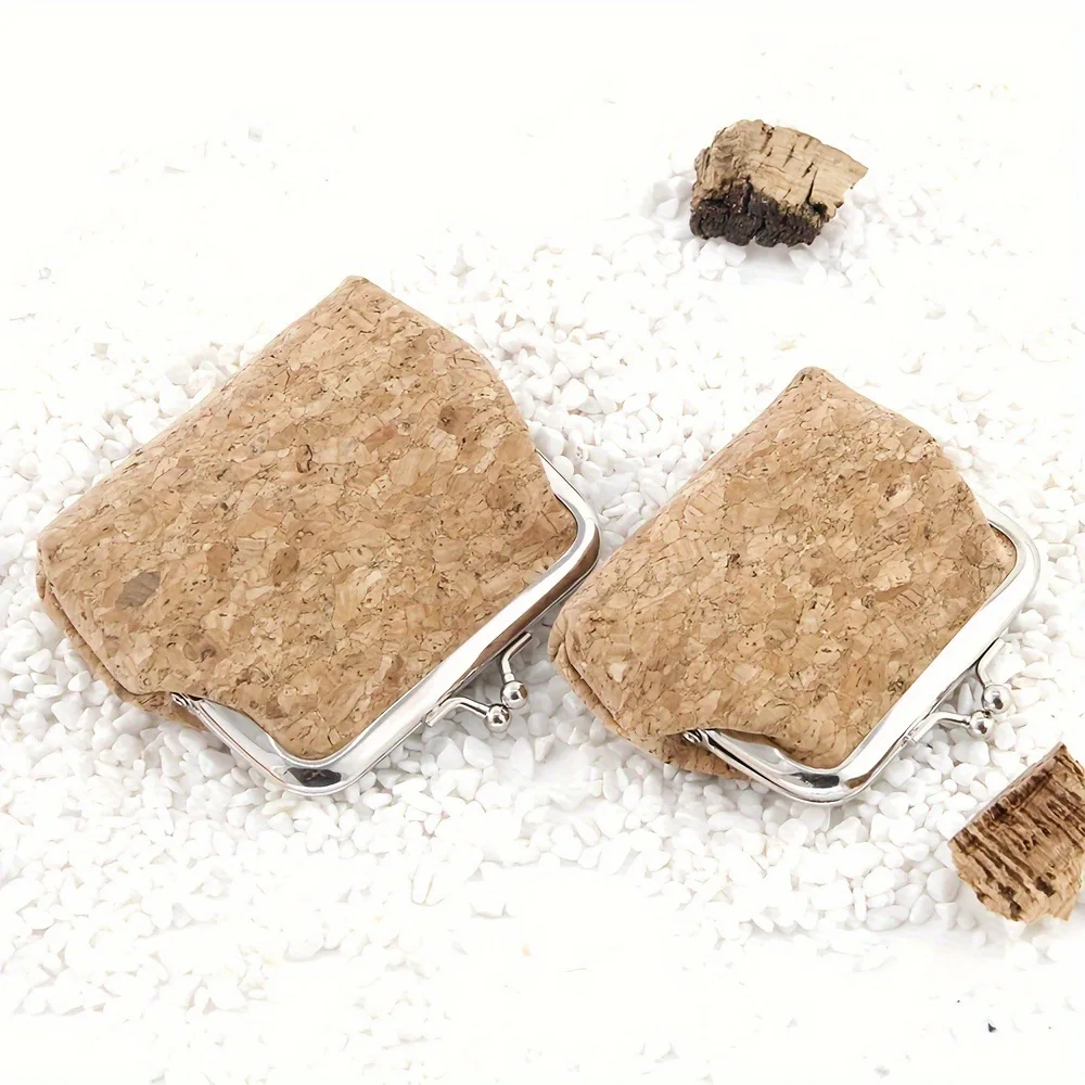 High Quality Solid Beige Kiss Lock Cork Coin Purse Natural Cork from Portugal Mini Coin Bag for Women Child