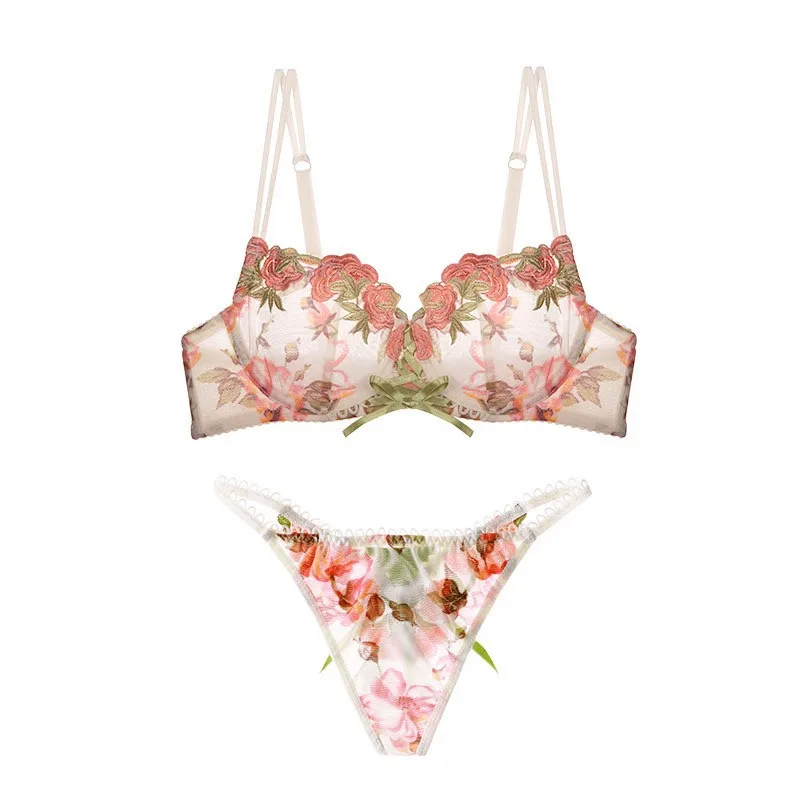 Ultra-thin mesh lace lingerie floral transparent underwear with a steel ring to gather the upper bra set