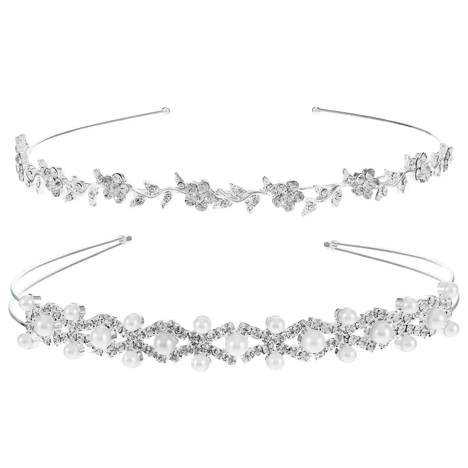 Four Seasons WOMEN\'S Rhinestone Pearl Bridal Hair Accessories Shining Double ThinHeadband Combination Set