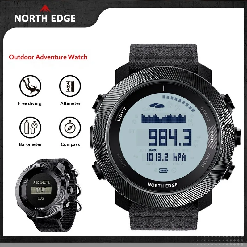 North Edge APACHE-D Freediving Watch Men 100M Waterproof Digital Altimeter Barometer Compass Thermometer Outdoor Sports Watch