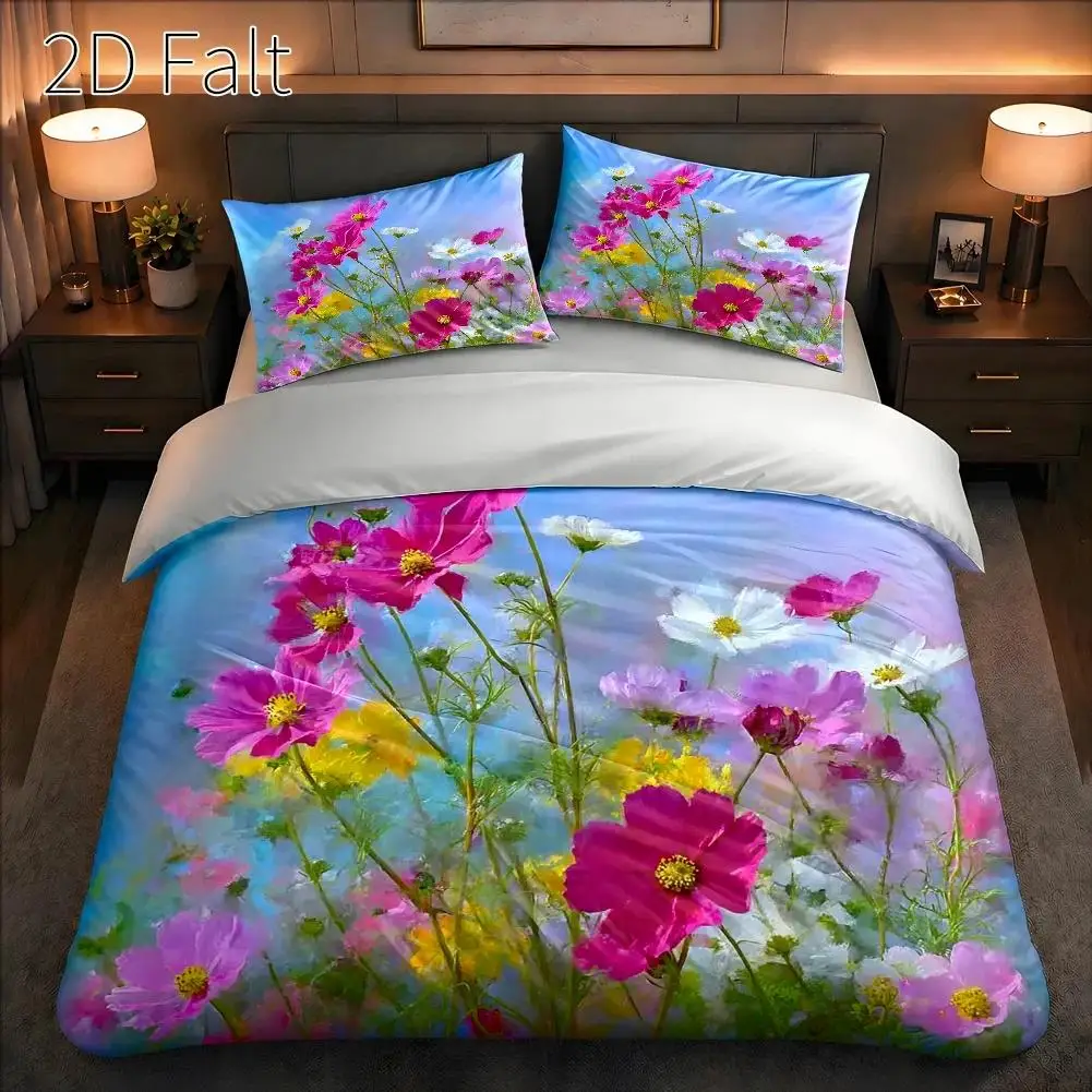 3-Piece Quilt Cover Set, 1 Quilt Cover + 2 Pillowcases (Without Filling) 2D Flat Printing, Three-Piece Quilt Cover Set, Colorful Floral Theme, Impressionist Style, Spring Floral Festival, Suitable for All Seasons, Machine Washable, Invisible Zipper, Large Quilt Cover Set, Bedding Set, Skin-Friendly and Breathable, Soft and Comfortable, Does Not Fade or Pill, for Home/Dormitory