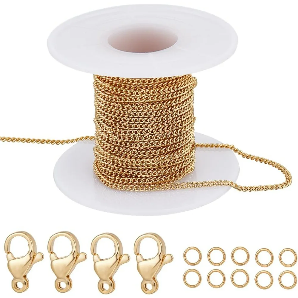 Cadenas de clip de 16 pies y 5M, collar de eslabones gruesos con textura ovalada chapada en oro de 18 quilates con kit de fabricación de cierres de pinza de langosta de 20 piezas