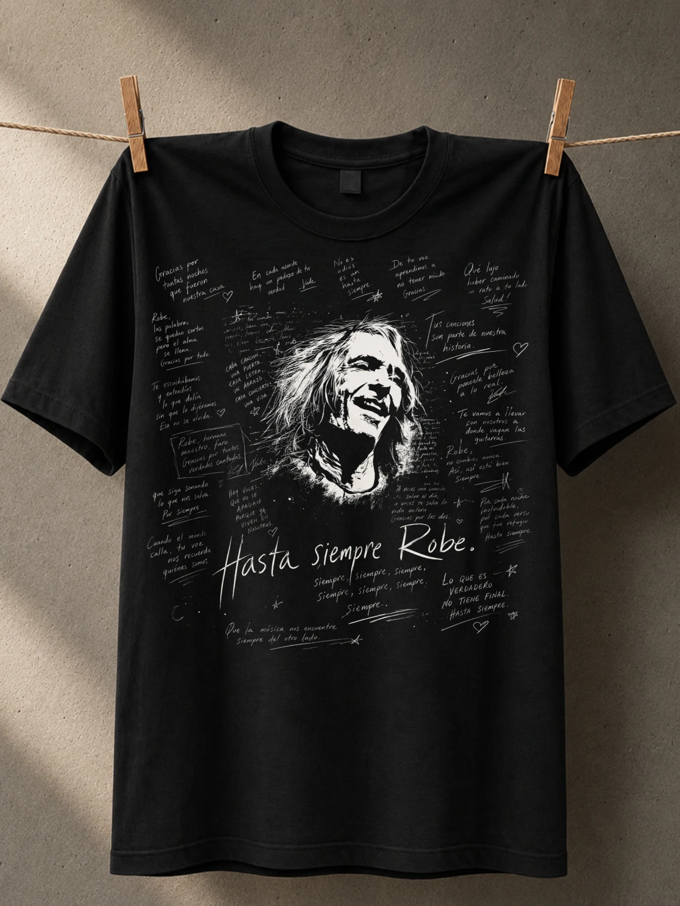 Hasta Siempre Robe dense notebookstyle Spanish notes around a smiling portrait emotional rock  Unisex All T-Shirt