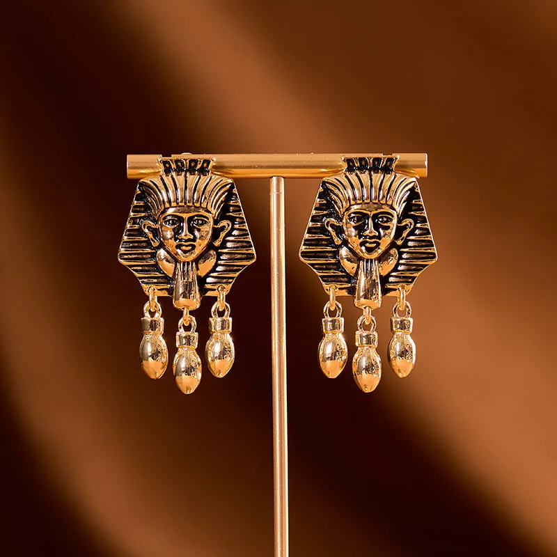 Qingdao medieval style Egyptian pharaoh statue water drop drop combination earrings retro personality niche design exotic style