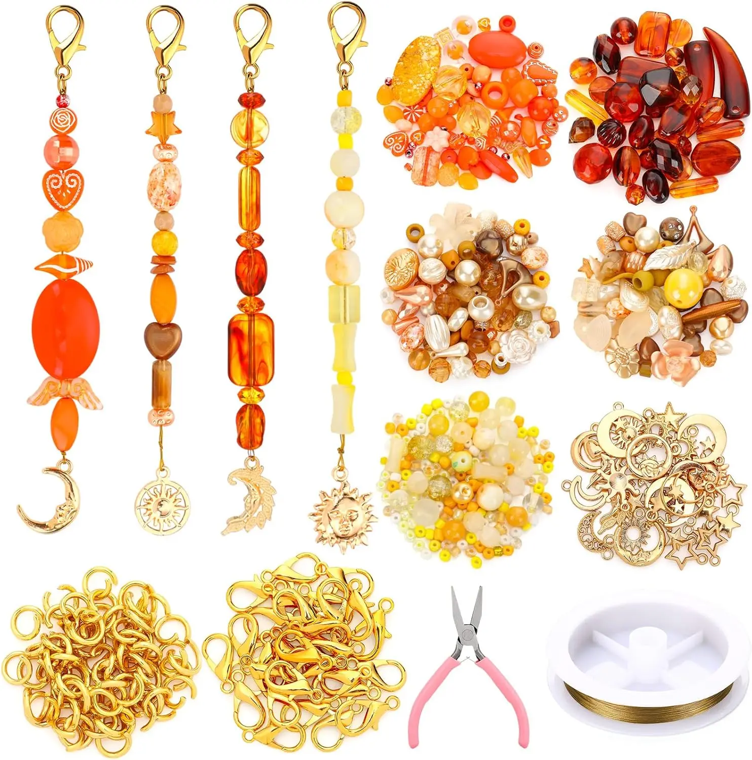 

30 Piece Sun Moon DIY Keychain Kit Celestial Gold Charms Beads Lobster Clasps Jump Rings Pliers Beginner Craft Gift