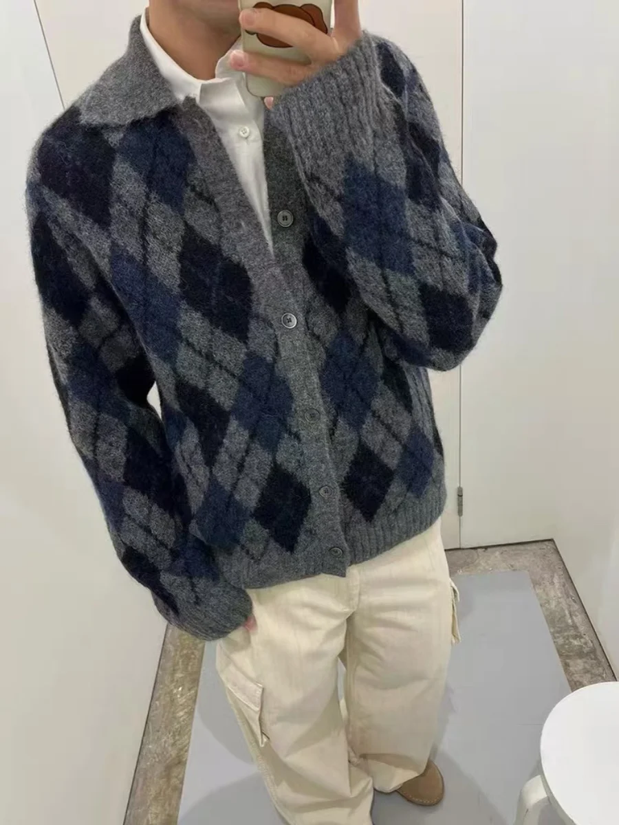 블루 그레이 다이아몬드 니트 스웨터 캐주얼 루즈핏 가을 겨울 울 캐시미어 오픈 가디건 코트 남성 패션 봄 여름