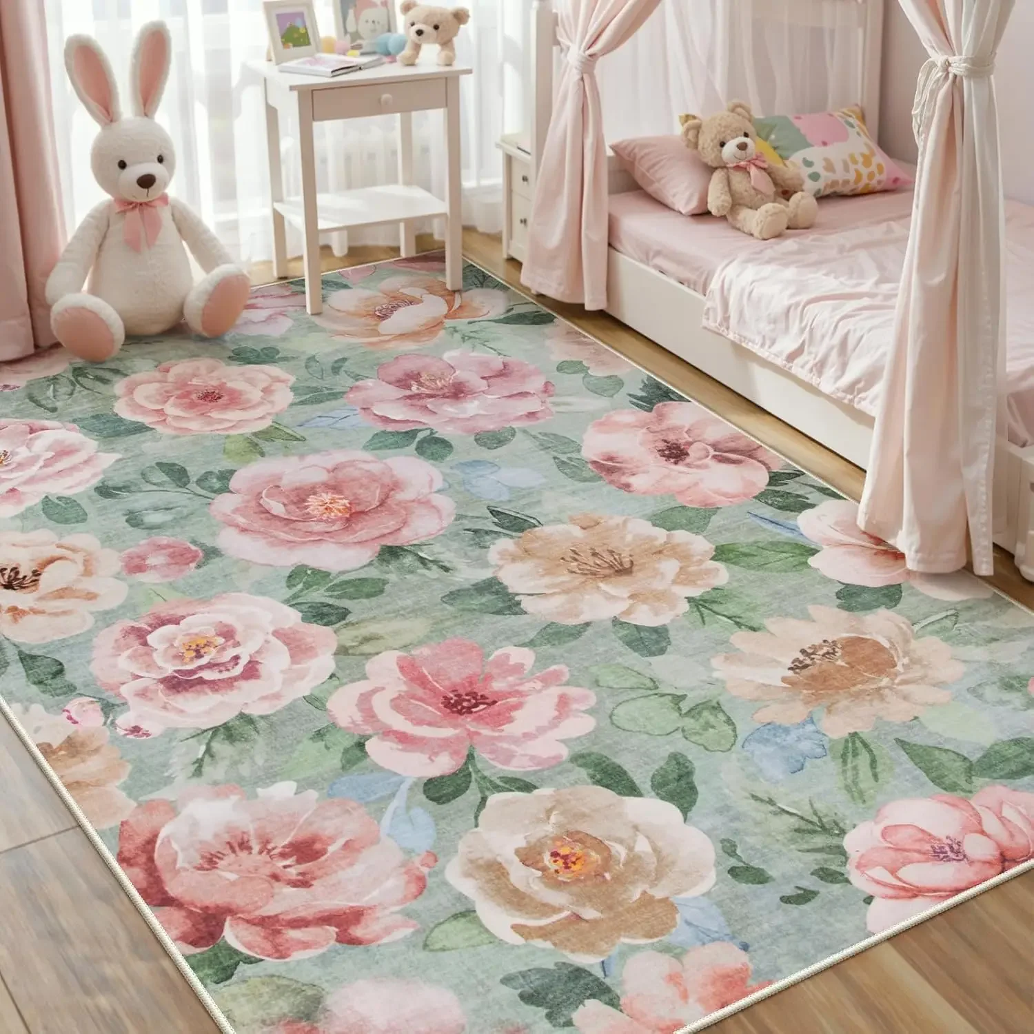 Pink Peony Flower Pattern Carpet Pink Soft Washable Floor Mat Bedroom Children's Room Nursery Garden Style Decorative Area Rug