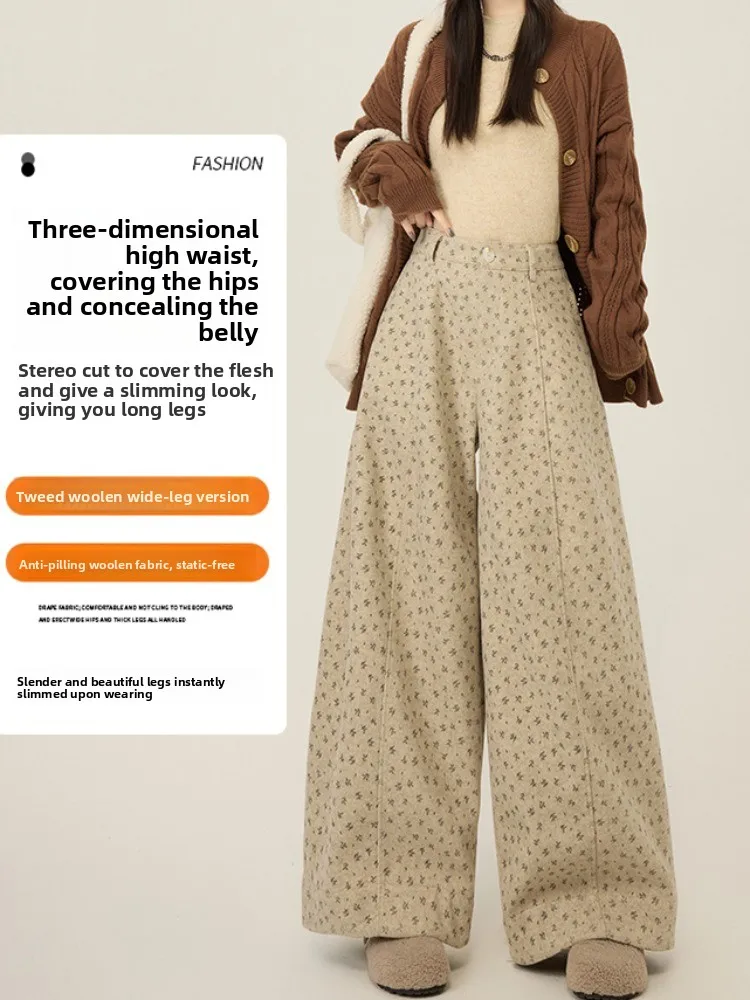 Unieke winter hoge taille gedrapeerde rechte pijpen broek Dames faionable wijde pijpen broek woon-werkverkeer Sle Koreaanse versie