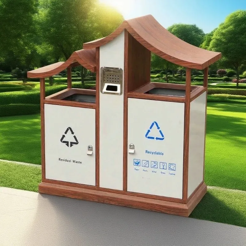 

Открытый мусорный бак с двойным отделением для вторичной переработки из металла и дерева для парков, парков развлечений и уличных общественных мест на открытом воздухе