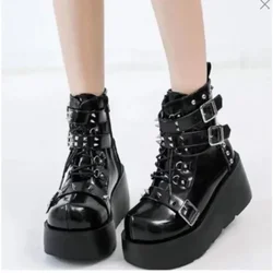 Metalowy łańcuszek lakierki punkowe botki damskie 2023. zimowe designerskie buty na grubej platformie kobieta czarne gotyckie buty Lolita