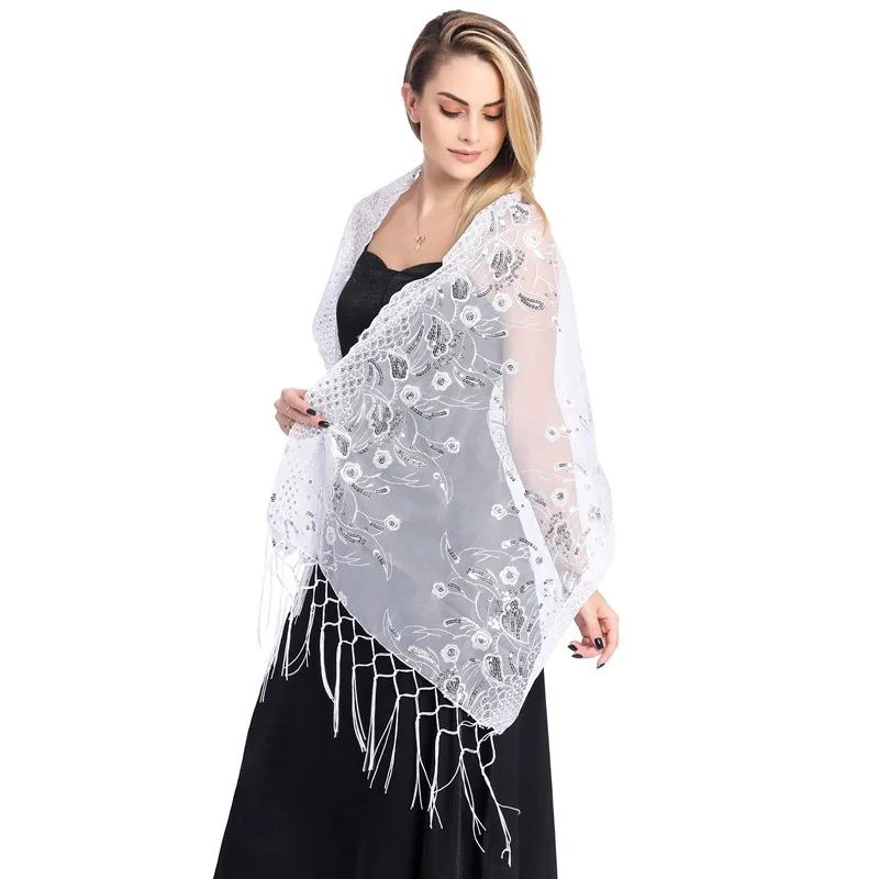 Elegant Women Sequins Embroidery Lace Shawls for Evening Party Bridal Bridesmaid Wedding Boleros Shrugs Wraps Tassel Capes