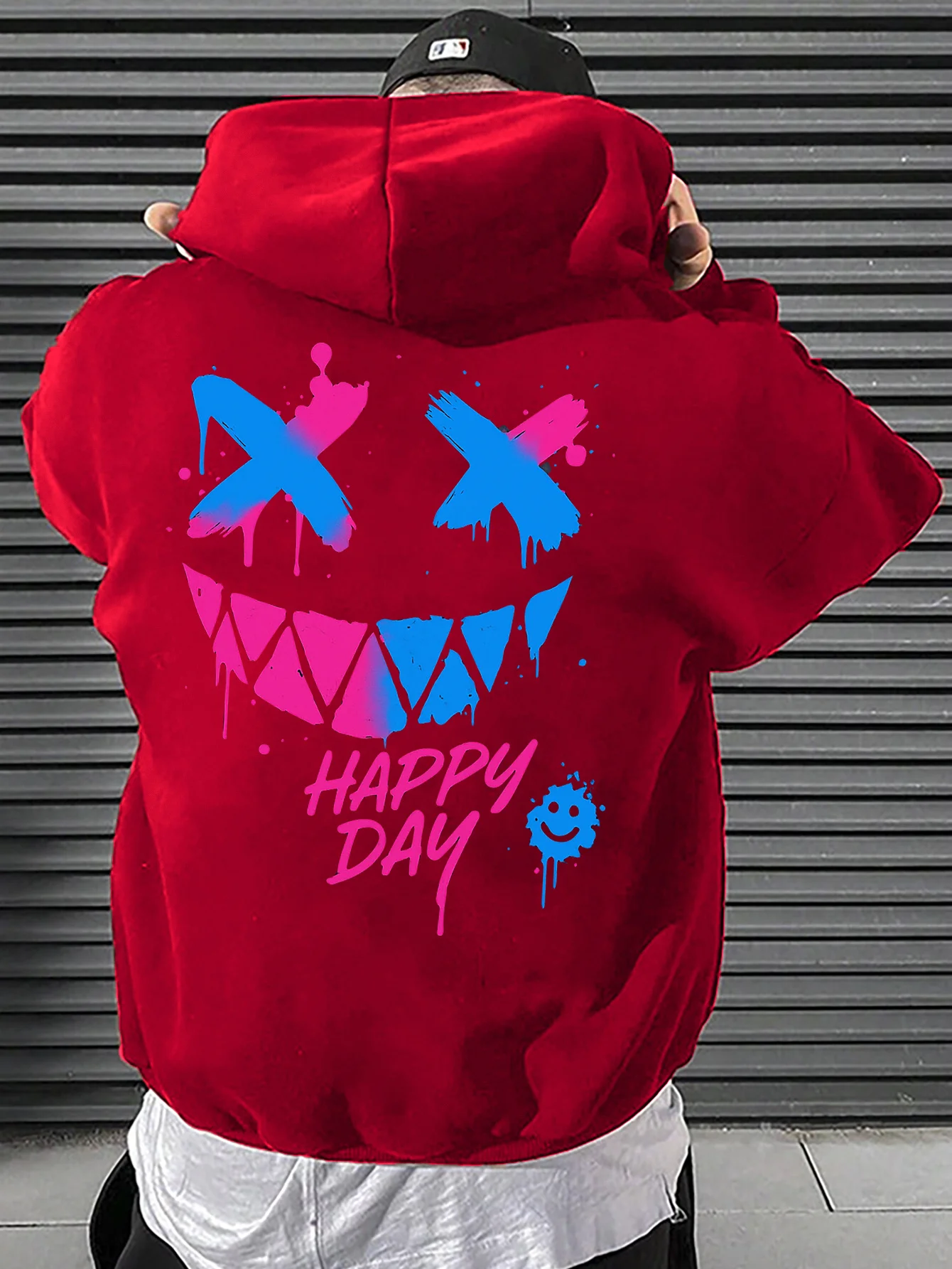 Herren Y2K Hoodie mit Spritzer-Muster, bösem Lächeln, X-Augen, Happy Day-Grafik auf der Rückseite, Graffiti-Streetwear-Fleece-Sweatshirt – Detail 4