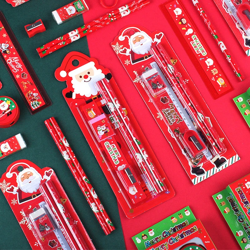 Pencil Ruler Eraser Sharpener Set In Cartoon Gift Package Children'S Christmas Gifts Prizes 5pcs/Set Stationery Set
