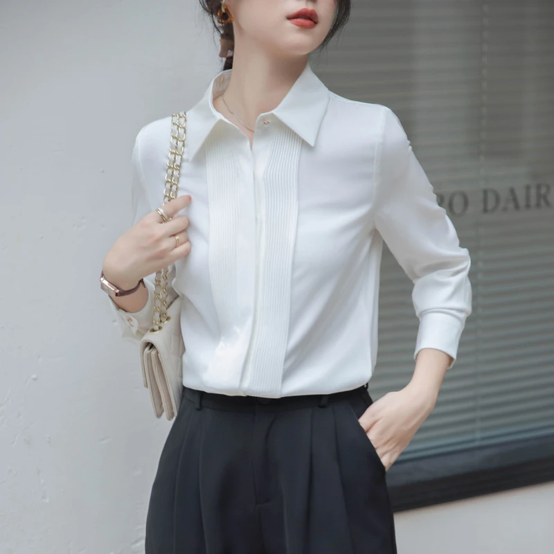 

White Satin 2024 Spring New Design Elegant Chiffon Long Sleeve Shirt Business Blouse Women's Top