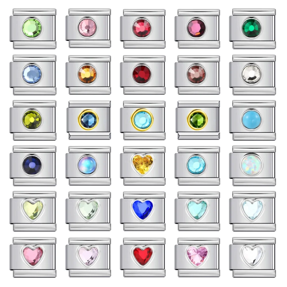 Pulseira italiana de aço inoxidável, corações redondos, zircônia colorida para mulheres, pingente elástico, ligação de 9mm, faça você mesmo, joias, presentes de festa