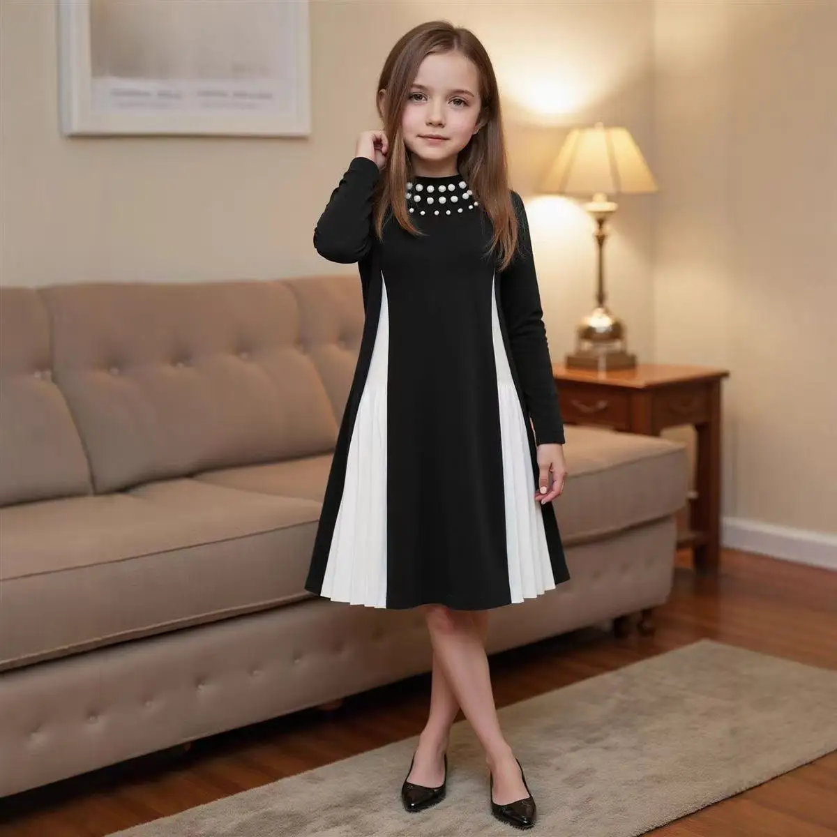 

Новое Премиум-платье для девочек на весну-осень 2026 года, приталенное, элегантное, с длинным рукавом, черно-белое, для малышей ростом 100-140 см