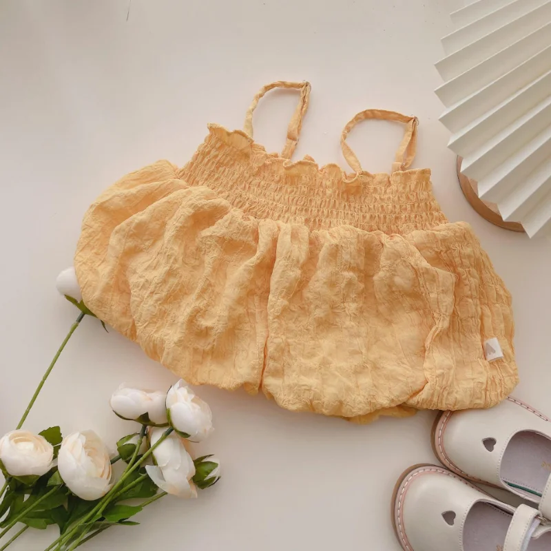 2023 Summer Fashion Korean Baby Girls Cute Bubble Sling Ice Silk Wide-leg Pants Sets Toddler Girl Sweet Halter Top