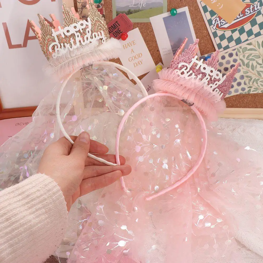 

Korean Style Crown Gauze Headband Hair Accessories Hair Decor Lace Mesh Hair Hoop Party Props Headwear Happy Birthday Hairband