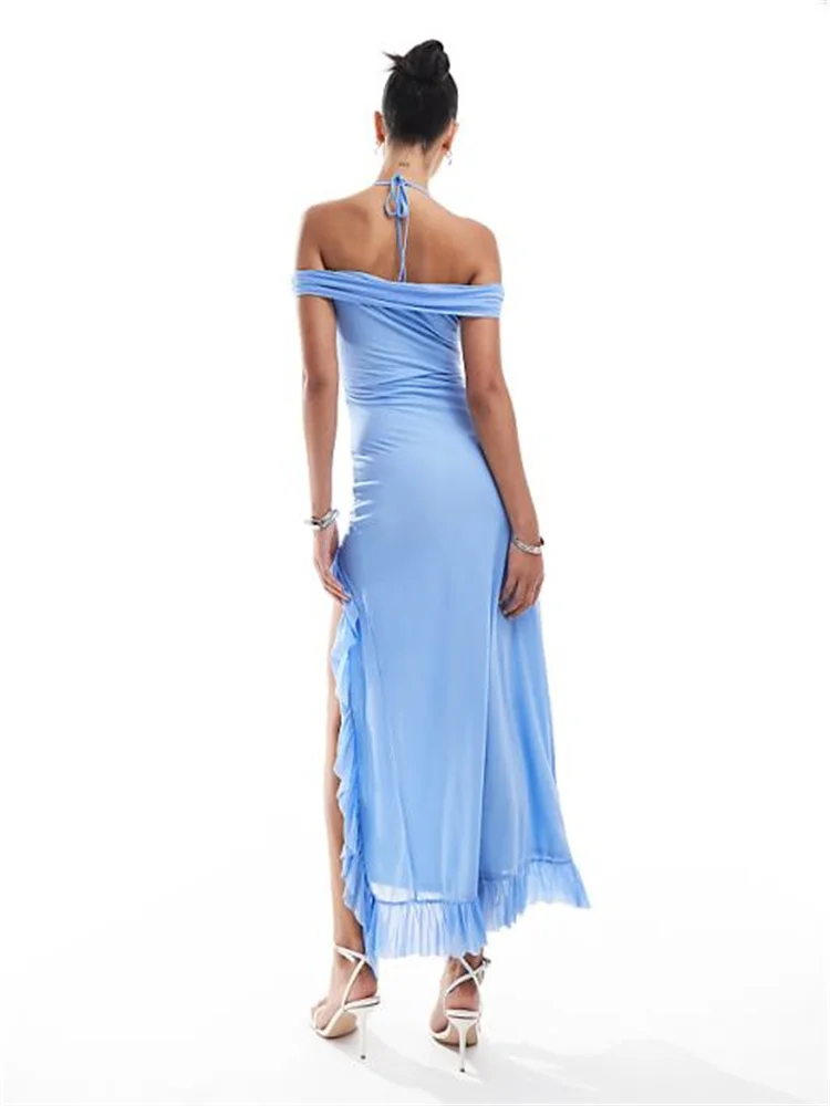 Hot Selling Off-Shoulder Halter Neckline Sheath Satin Evening Dress Back Zipper Floor Length Ruffle Trims Gown For Women 2024