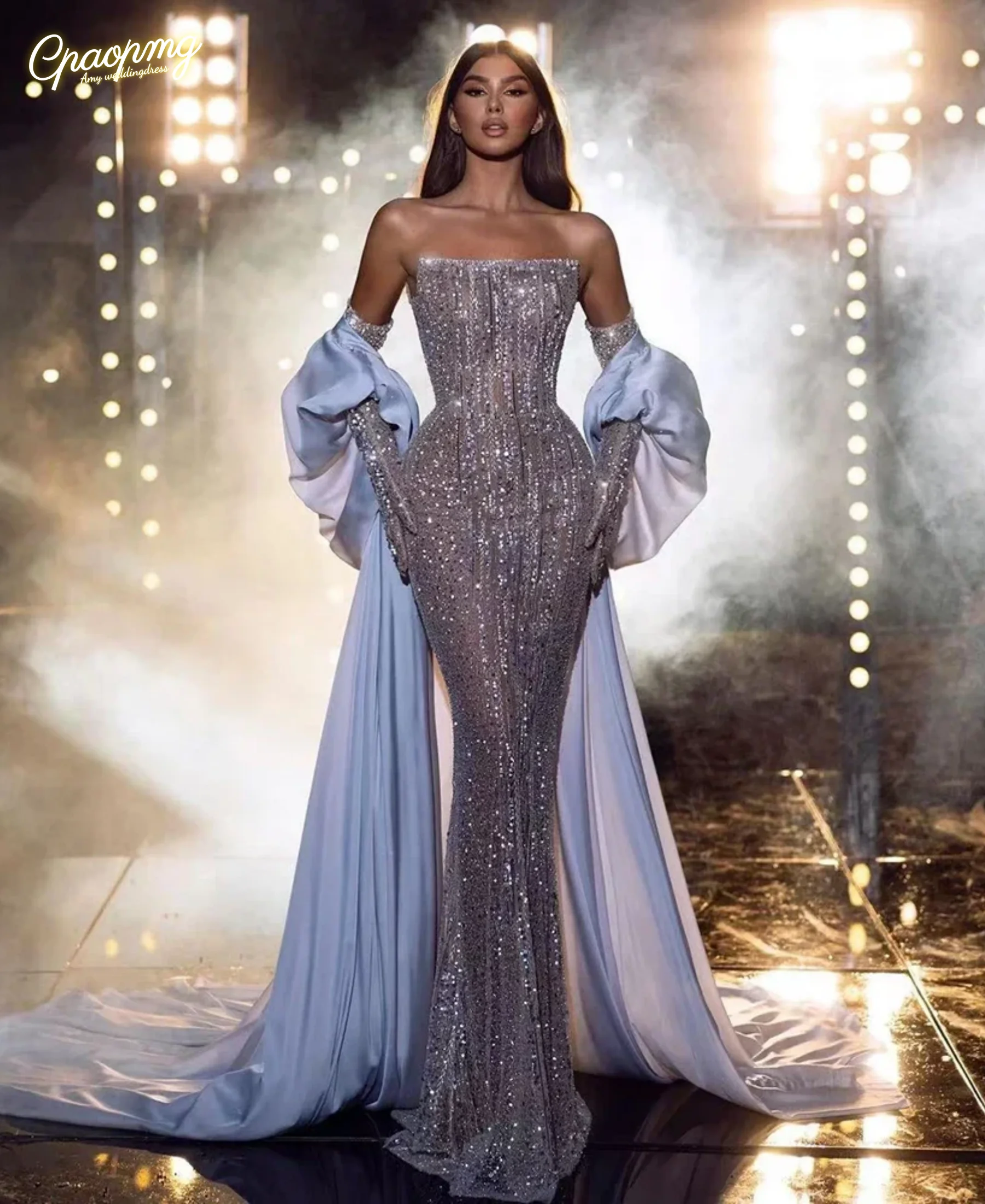 

Роскошное арабское вечернее платье синего цвета русалки с бисером, без бретелек, со съемными рукавами, женское свадебное платье