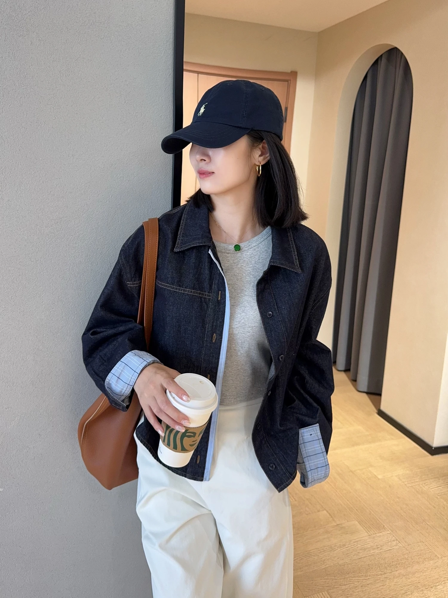 

WTHEONE High Quali Patchwork Plaid ort Denim irt Jaet Women's Loose Fit Breathable Skin-friendly Autumn 2025