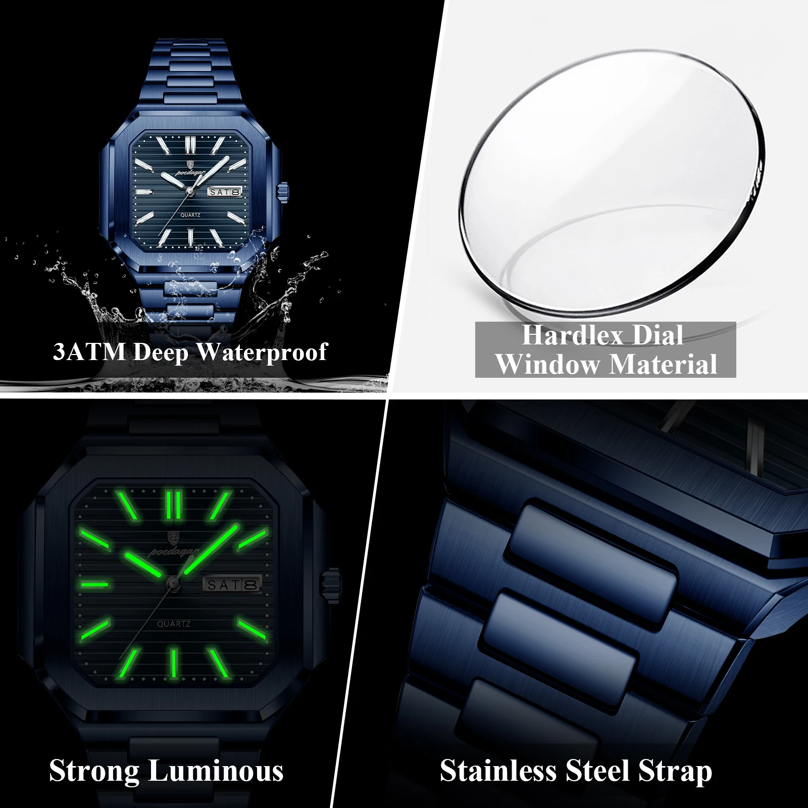 POEDAGAR أفضل العلامات التجارية الفاخرة ساعة رجالية مقاوم للماء مضيئة تاريخ الأسبوع كوارتز ساعات رجالية الفولاذ المقاوم للصدأ موضة ساحة الرجال ساعة
