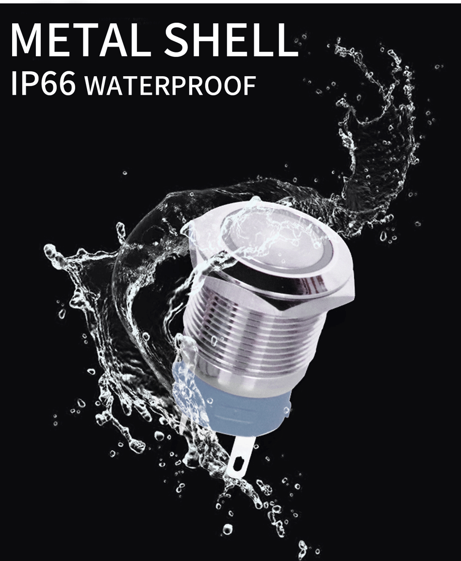 16 19 22mm With Wire Waterproof Metal Push Button Switch LED Ring/Power Light Momentary Latching 5/12/24/220V Silver1NO1NC