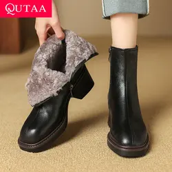 QUTAA 2025 Fashion News Warm Wool Women Ankle Boots Round Toe Genuine Leather Short Snow Boots Winter High Heel Shoes 34-40
