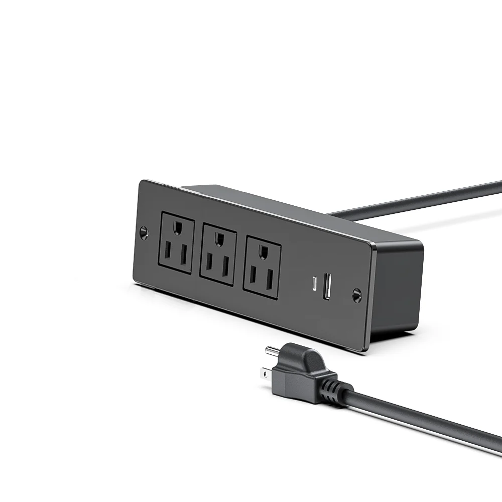 Recessed Power Strip with 3 Outlets 1500W/12A USB C USB A 4.92ft Power Cord for Office Desk Conference Table Sofa Bedside Table