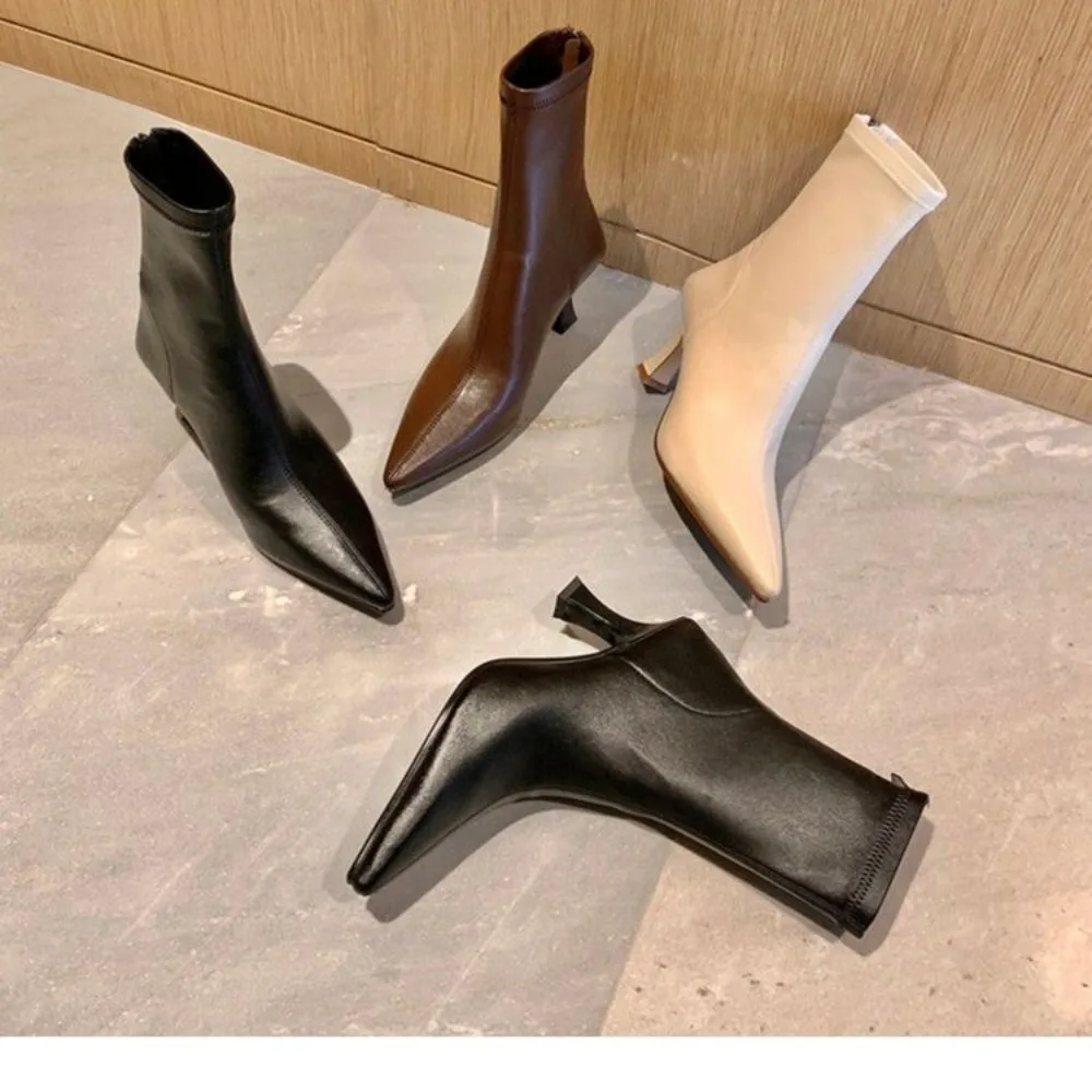 

Women High Heel Short Leather Boots New Boots Female Pointed Thin Heel Boots Ladies Ankle Short Boots Botas De Mujer 2026