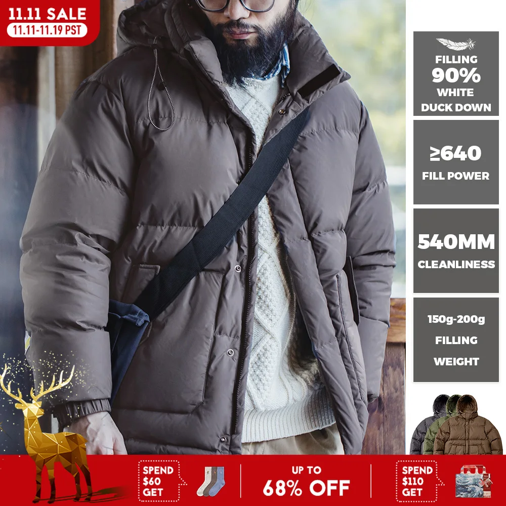 Maden пуховик с вощеной поверхностью Maden, 90% пуховик со съемным капюшоном, утолщенная теплая зимняя куртка с воротником-стойкой, мужская верхняя одежда с подкладкой