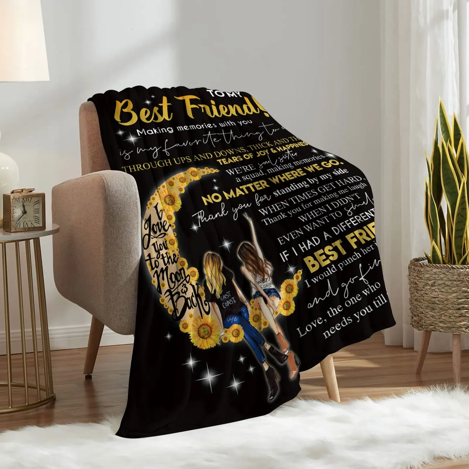 بطانية من الفانيلا بحروف من الزهور والقمر للزوجين ، غطاء رومانسي ناعم ودافئ ، هدية للأريكة أو الأريكة ، عبر الحدود ، أخت وصديق #2