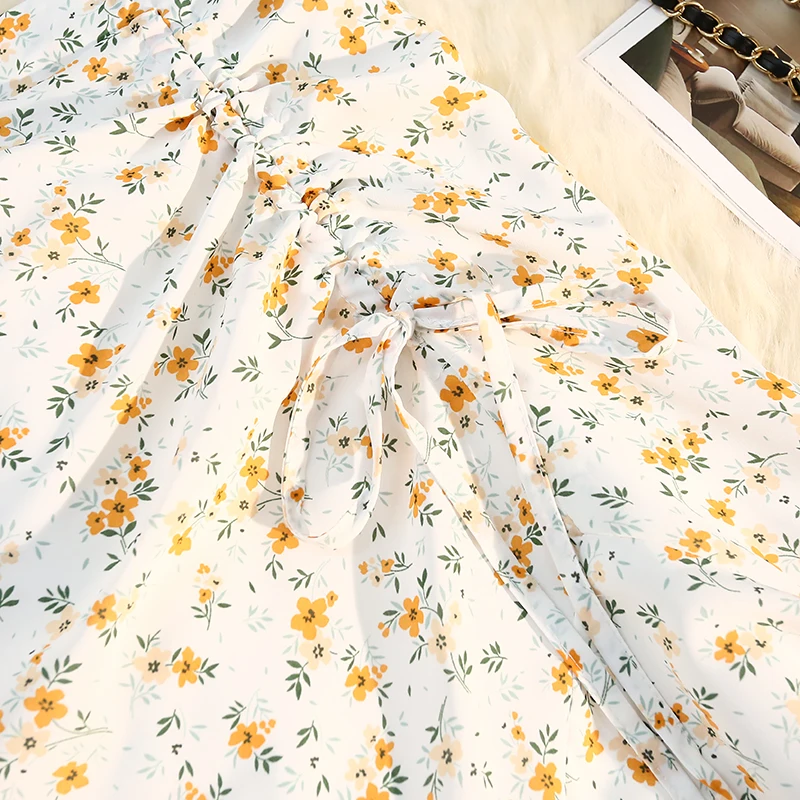 Summer Flower Chiffon Trumpet Mermaid Skirt Women Fashion High Waist Shirring Irregular Midi Long Skirt