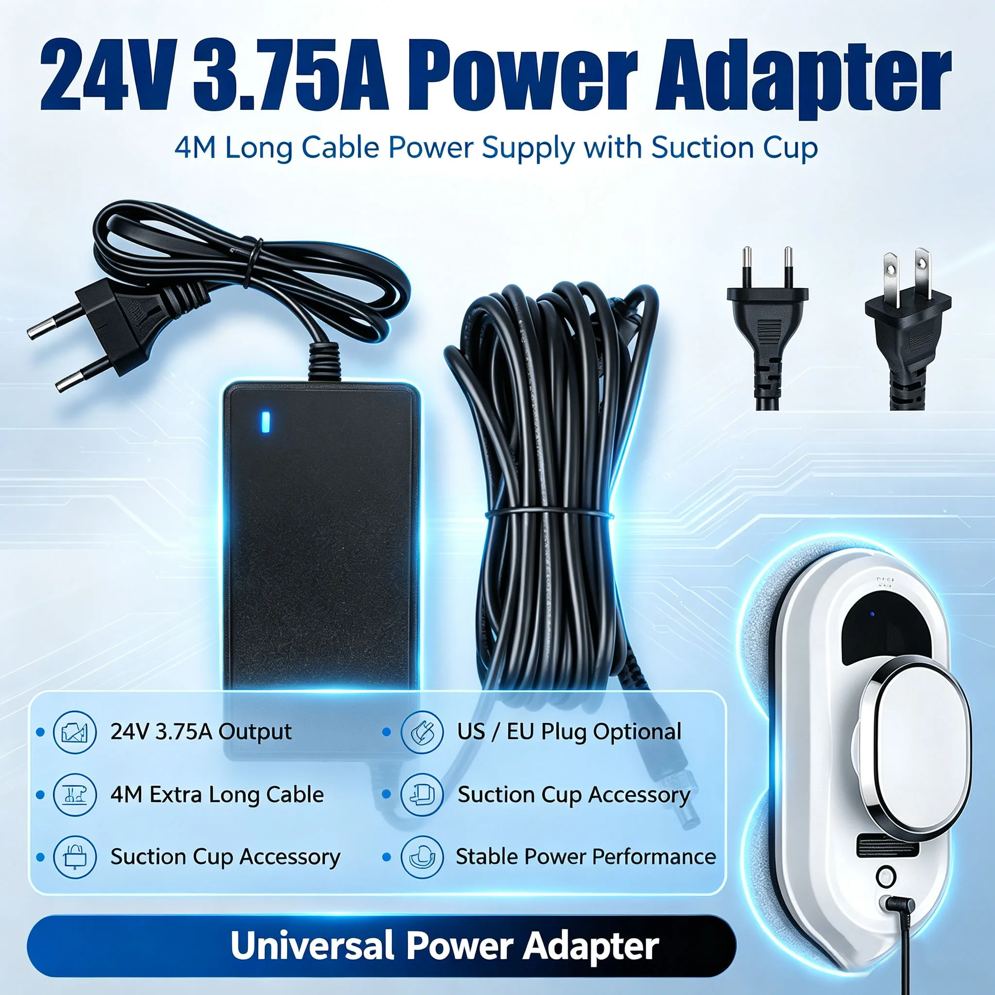 Power Adapter Window Cleaning Robot 24V3A (Charger) Adapter Power Supply (Universal) 24V3.75A EU Overcurrent 4M Wire Length Powe