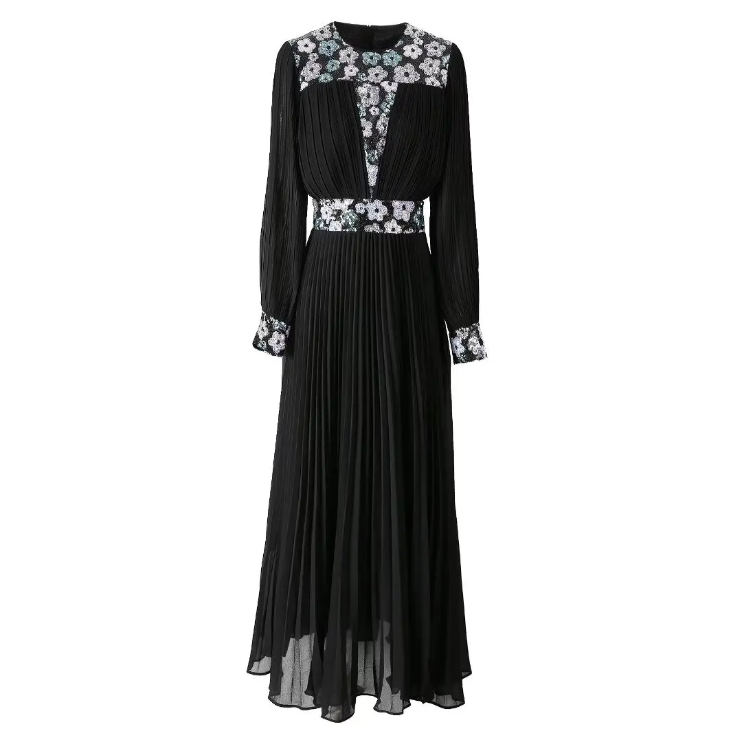 

SEQINYY Elegant Black Dress Pleated Summer Spring New Fashion Design Women Runway High Street Embroidery Sequined Flower Casual