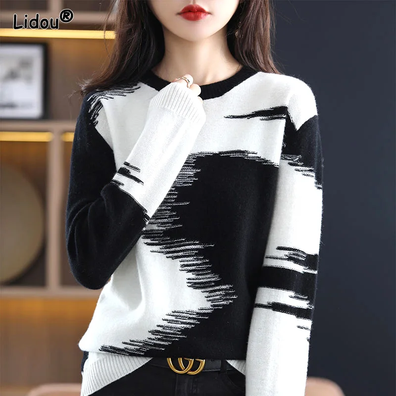 

O-Neck Print Preppy Style Sweaters Thick Loose-fitting Pullovers Skin Friendly Women's Clothing Autumn Winter Korean Fashion