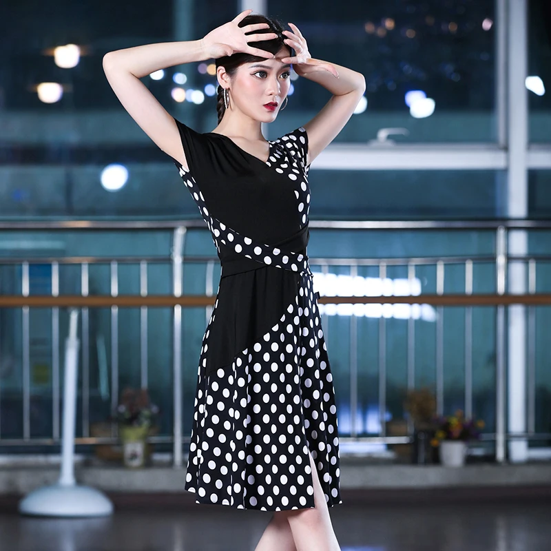 Latin Dance Clothing Womens dresses Adult Summer Polka-dot Patchwork Dress V-neck Sexy Performance Dance Wear Training Dress