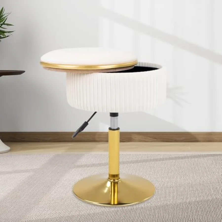

Adjustable Vanity Stool with Storage 360° Swivel Makeup Stool Chair Small Velvet Round Ottoman with Gold Base for Bedroom