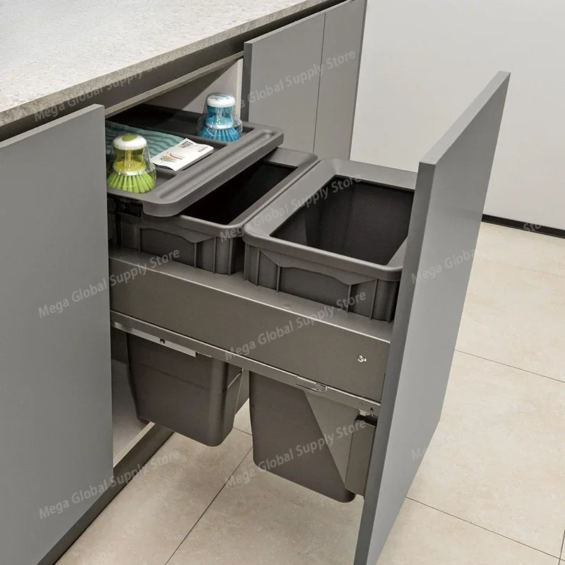 Hidden Kitchen Trash Can Double Trash Bin Luxury Built in Litter Bins Large Capacity Drawer Style Garbage Bin with Lid Cleaning