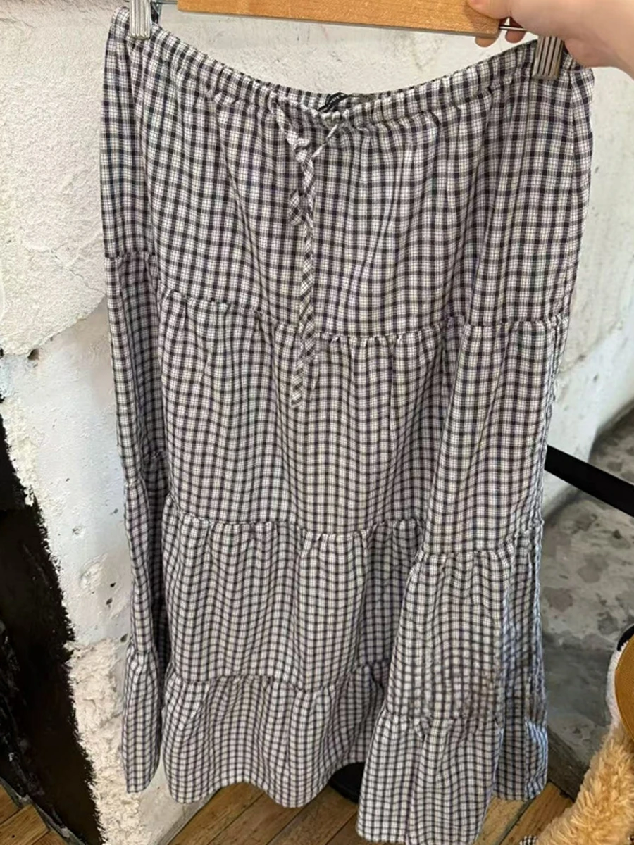 Falda larga a cuadros con cordón para mujer, Faldas largas Vintage simples acampanadas con cintura elástica, moda informal dulce, Jupe inferior