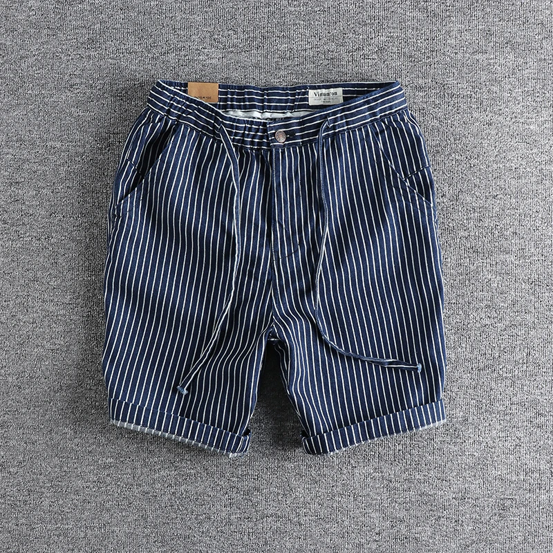 Retro Pinstripe Washed Denim Shorts for Men Blue Casual Loose Straight Half Pants for Youth Male 100% Cotton Harajuku Vintage