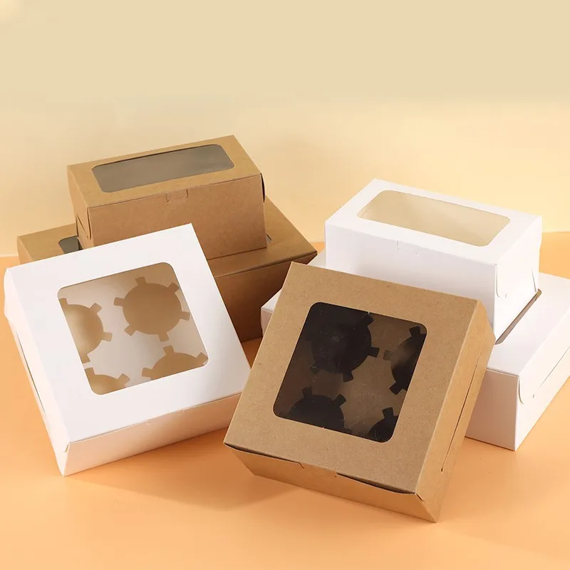 10Pc Kraft Paper Cupcake Packing Box with Window Cardboard Cake Muffin Cookies Candy Box Christmas Wedding Party Birthday Favors