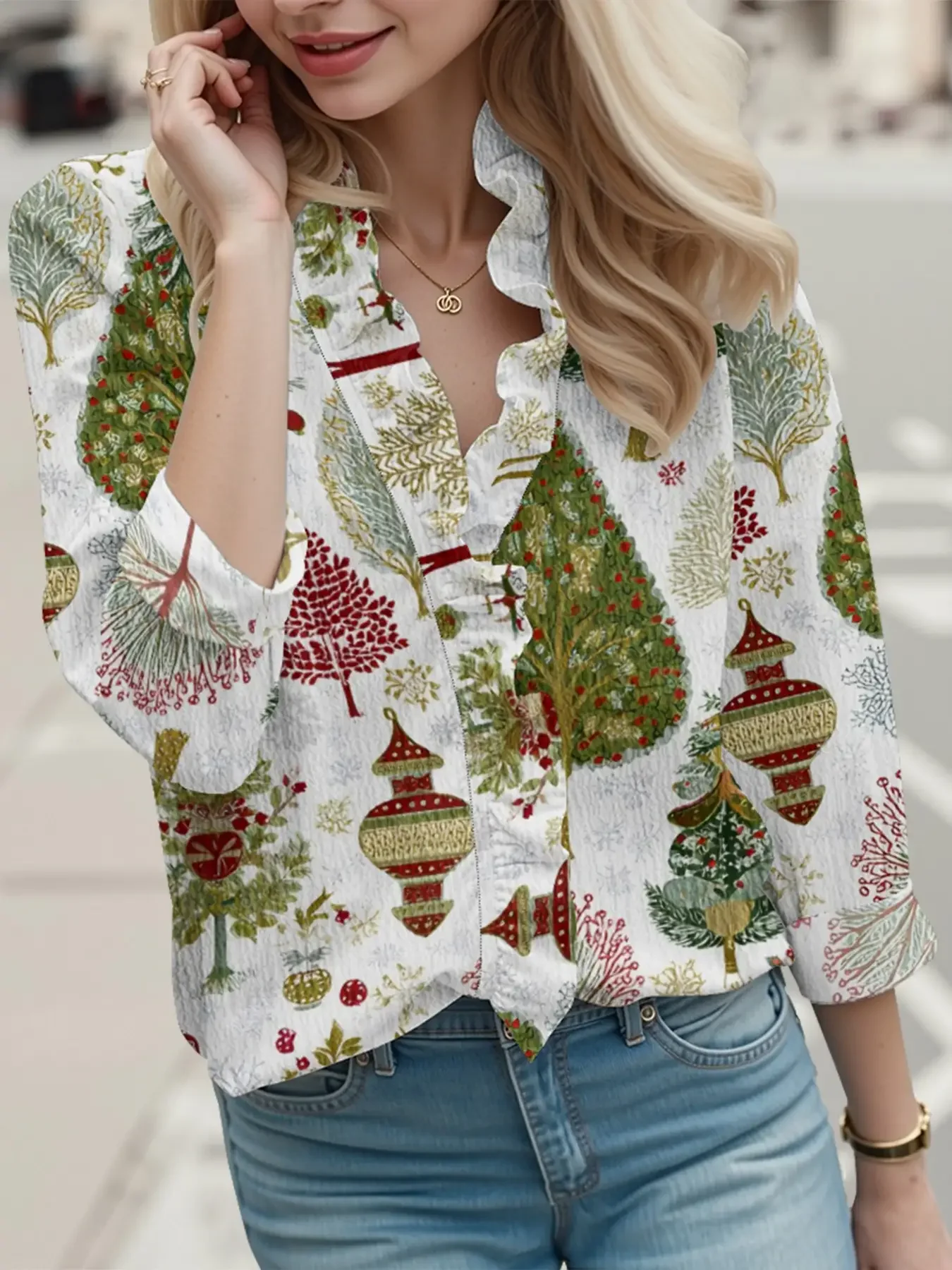 

2025 Ladies' new Christmas floral print ruffle long sleeved shirt - soft touch texture loose fit, funny shirt
