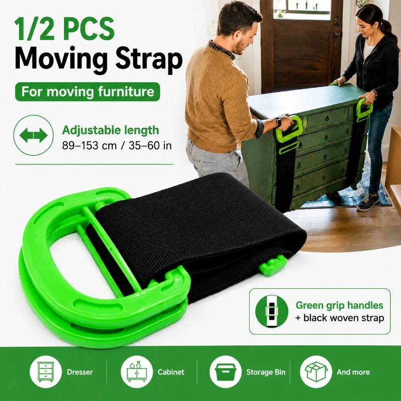 Home Moving Carry Belt Adjustable Furniture Lifting Strap Strong Transport Carrier for Boxes Sofa Cabinet Appliance Black Green