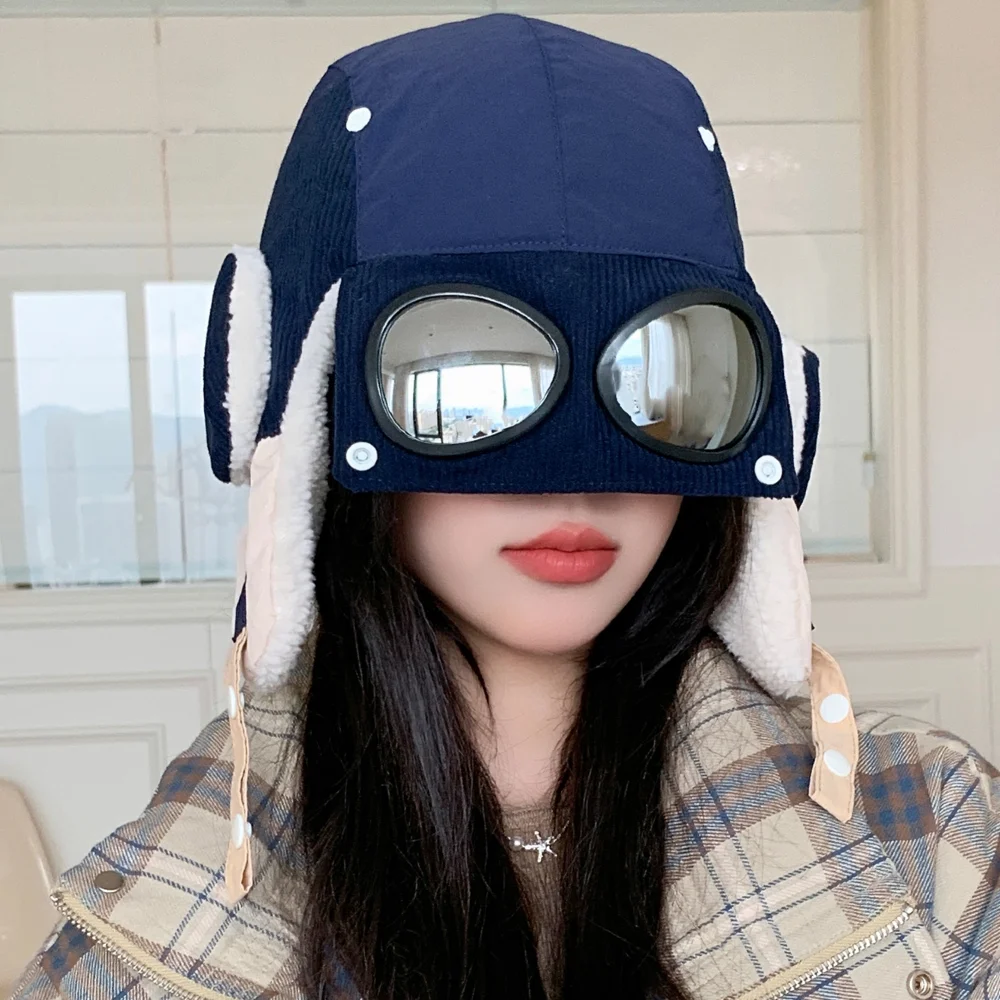 Nieuwe dames warme bommenwerperhoeden met bril pluche bont muts met oorklep winter Dandy pet voor dames