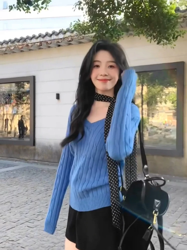 アメリカン Sle スパイシーガール ブルー V-Ne ニットセーター レディース ロング Sve インナーウェア ツイストセーター 通勤 Sle スリムフィット