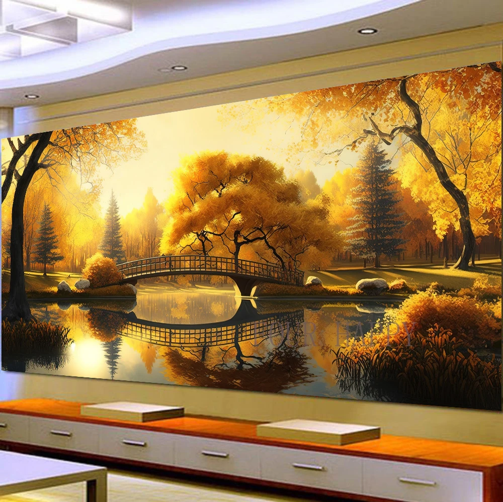 5D DIY Large Diamond Painting, Landscape Wall Art, Autumn Trees, Pond, Sunset, Full Round Drill, Embroidery, Home Decor