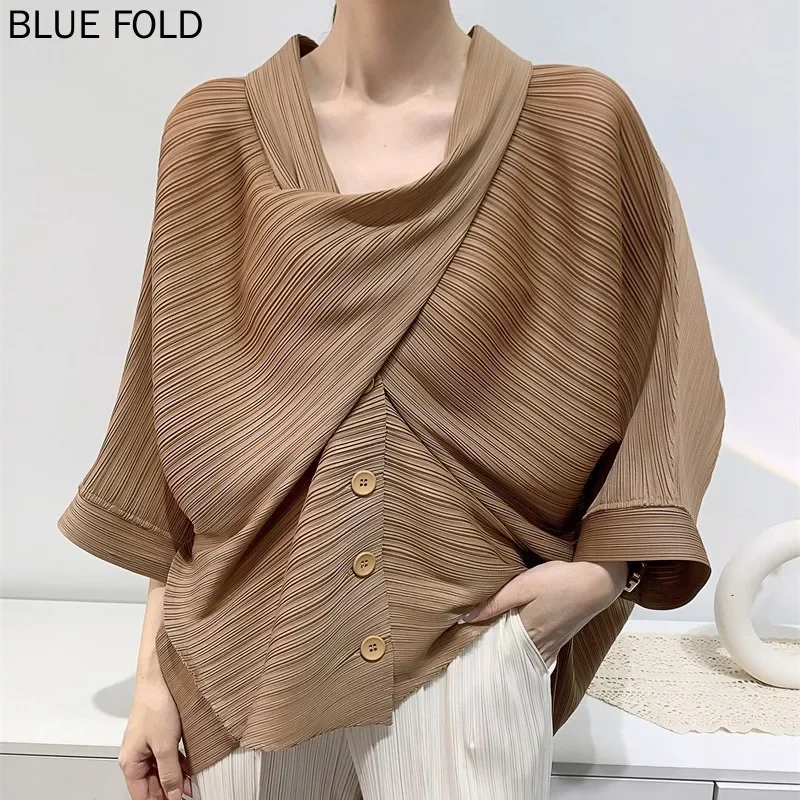 MIYAKE PLEATS Women's Pleated Short Coat Loose Casual Three-Quarter Sleeves Scarf Collar Design Spring Summer Top