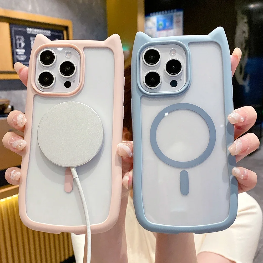 Cute Cat Ear Magnetic Transparent For Magnetic Case For iPhone 15 Plus 14 Pro Max 13 12 11 XR XS X Shockproof Hard Acrylic Cover