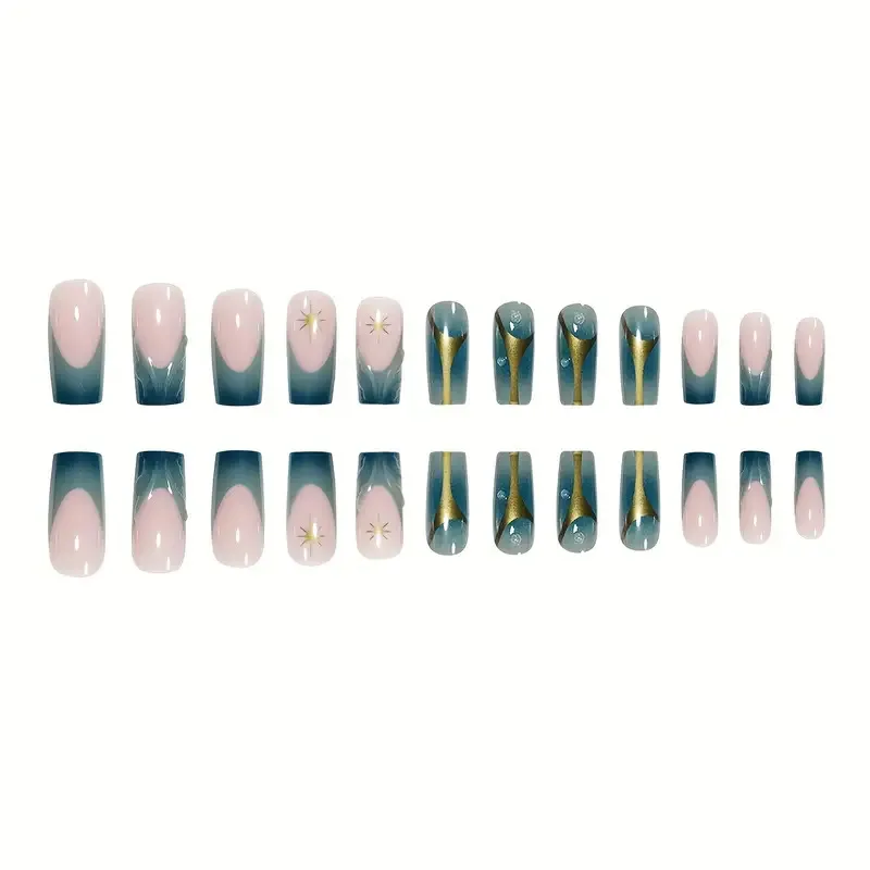 24pcs 3D Water Drops Gradient French False Nails Long Ballet Finished Fake Nails Y2k Press On Nails With Golden Stripe Design